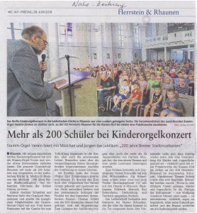 Pressebericht der Nahe-Zeitung, Freitag, 28.06.2019 - LOKALTEIL HERRSTEIN-RHAUNEN