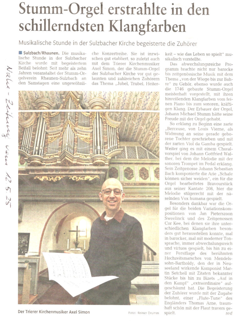 Bericht der Nahe-Zeitung vom 12.05.25 über die Orgelmatinée in Sulzbach am 03.05.25 mit Axel Simon / Trier.