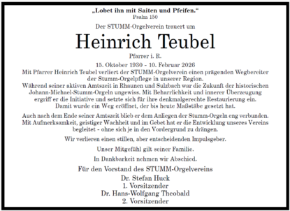 Nachruf auf Pfarrer i. R. Heinrich Teubel (1930–2026)